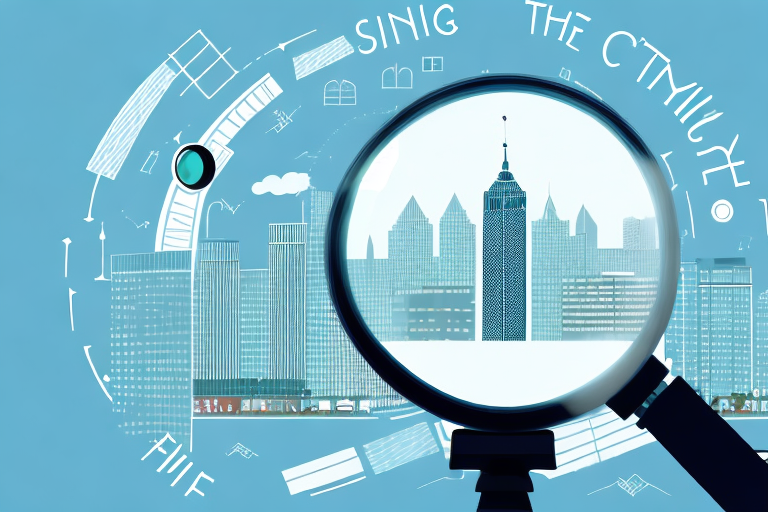 A city skyline with a magnifying glass in the foreground