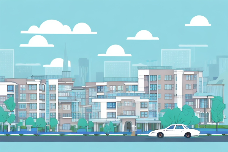 A cityscape with a senior care facility in the foreground